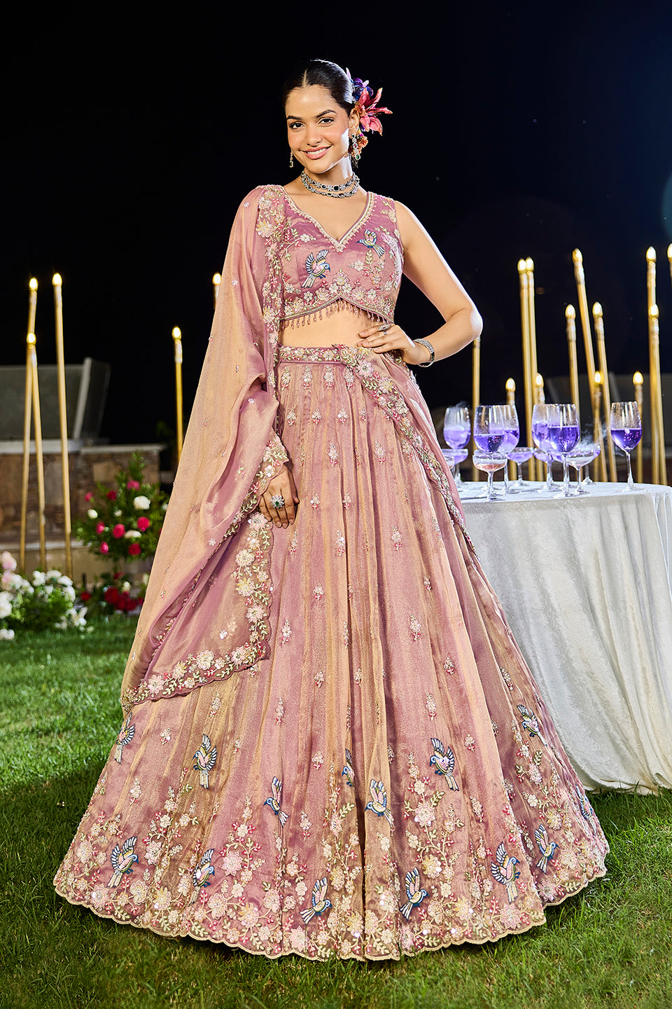 Sunehri Phool Light Peach Organza Lehenga Set