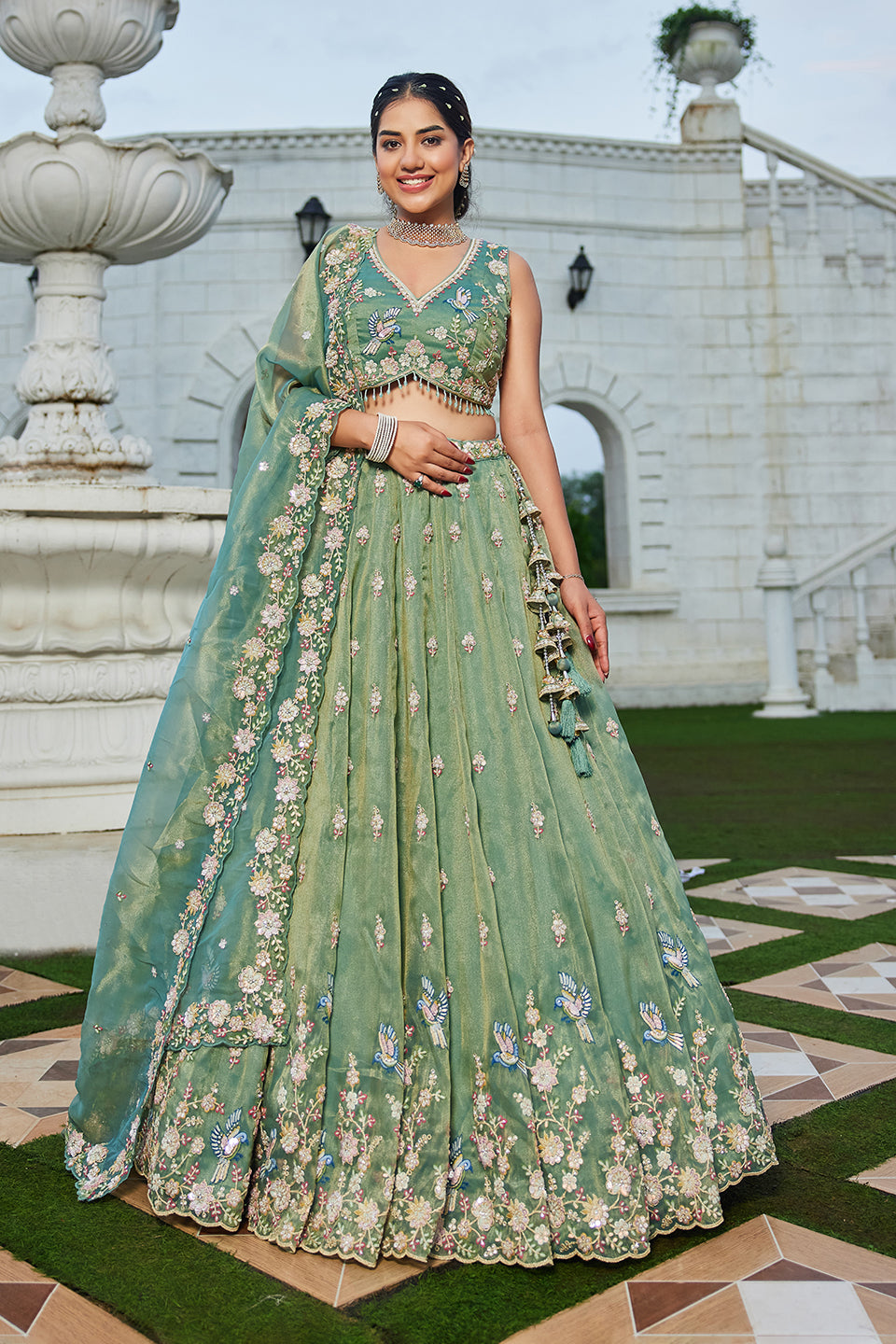 Neelpari Sea Green Organza Lehenga Set