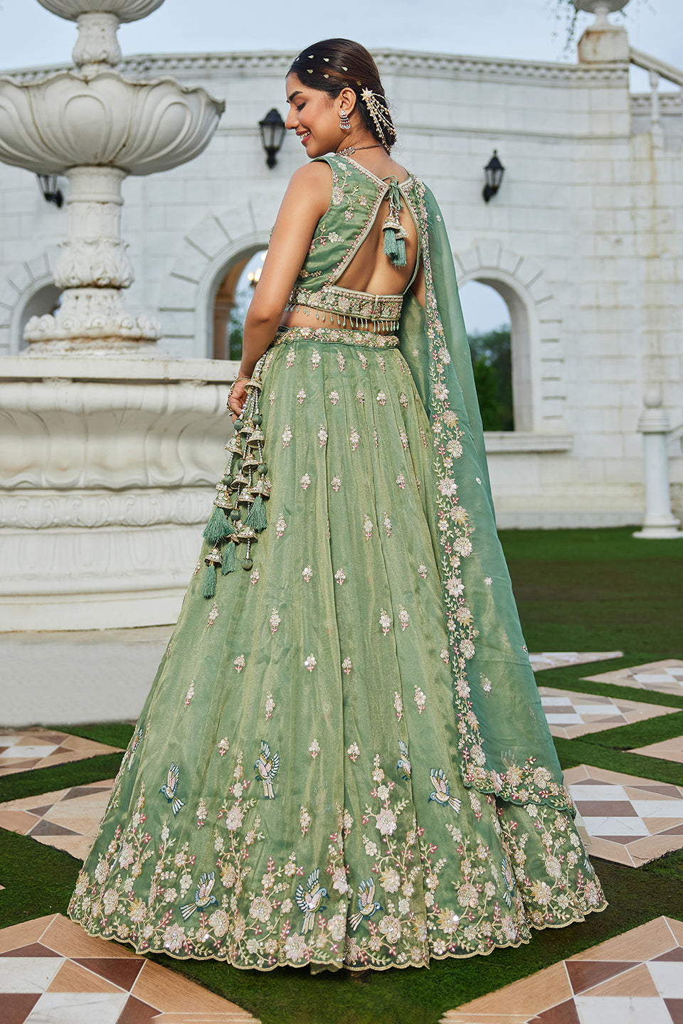 Neelpari Sea Green Organza Lehenga Set