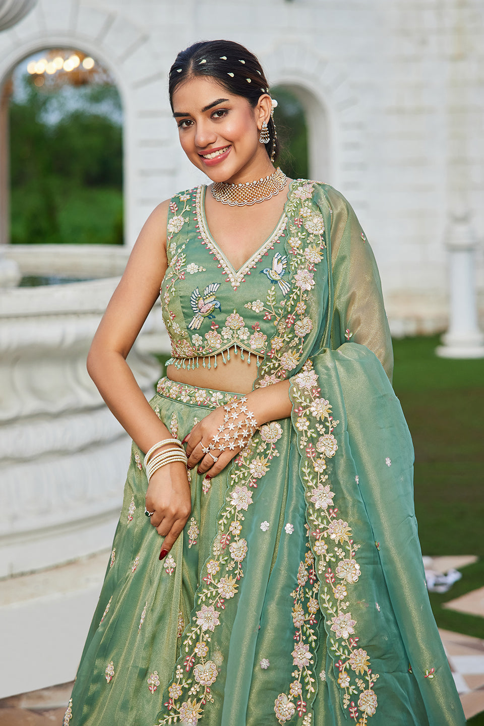 Neelpari Sea Green Organza Lehenga Set