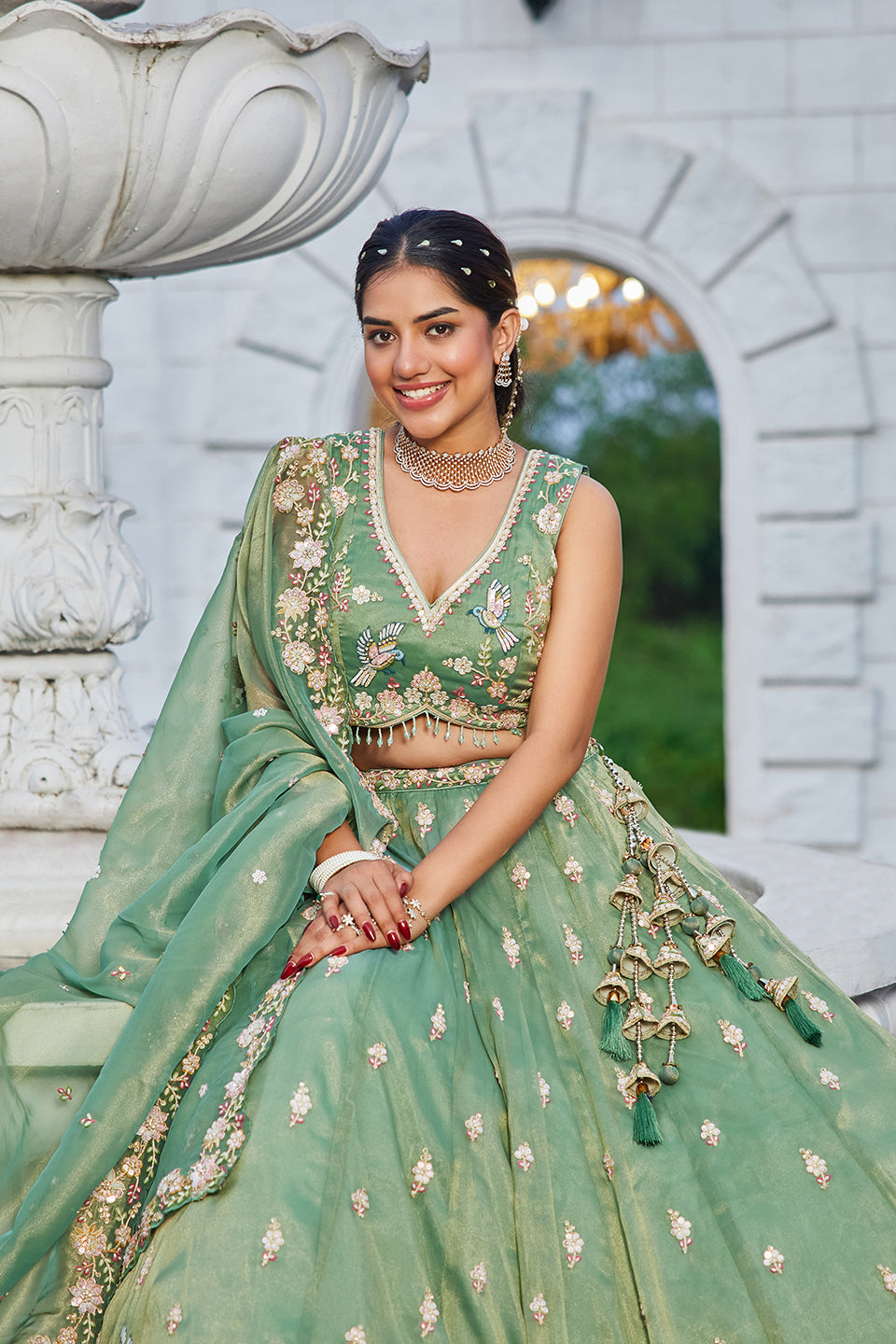 Neelpari Sea Green Organza Lehenga Set