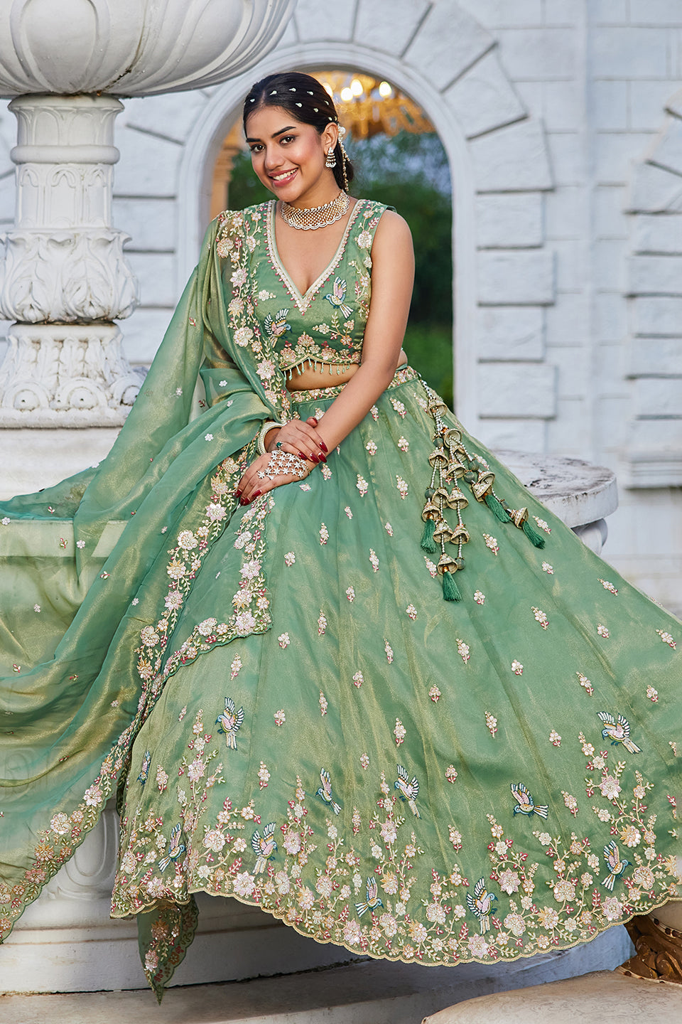 Neelpari Sea Green Organza Lehenga Set
