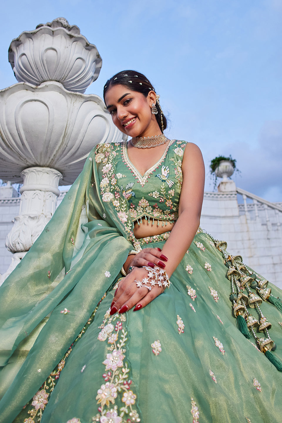 Neelpari Sea Green Organza Lehenga Set