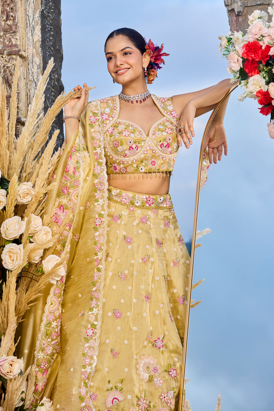 Genda Noor Mustard Yellow Organza Lehenga Set