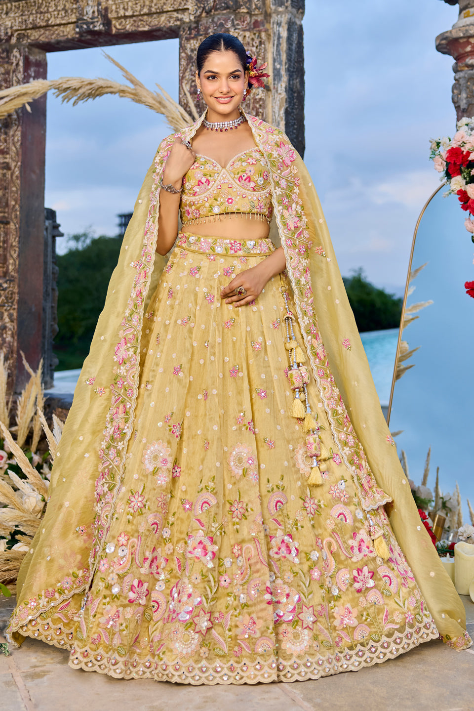 Genda Noor Mustard Yellow Organza Lehenga Set