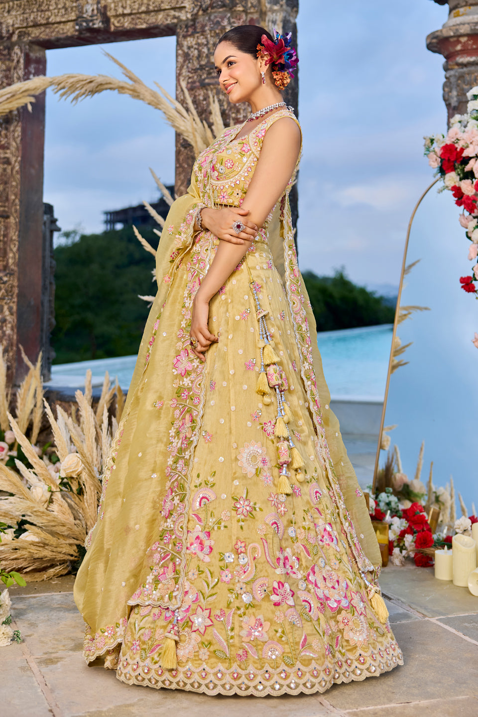 Genda Noor Mustard Yellow Organza Lehenga Set
