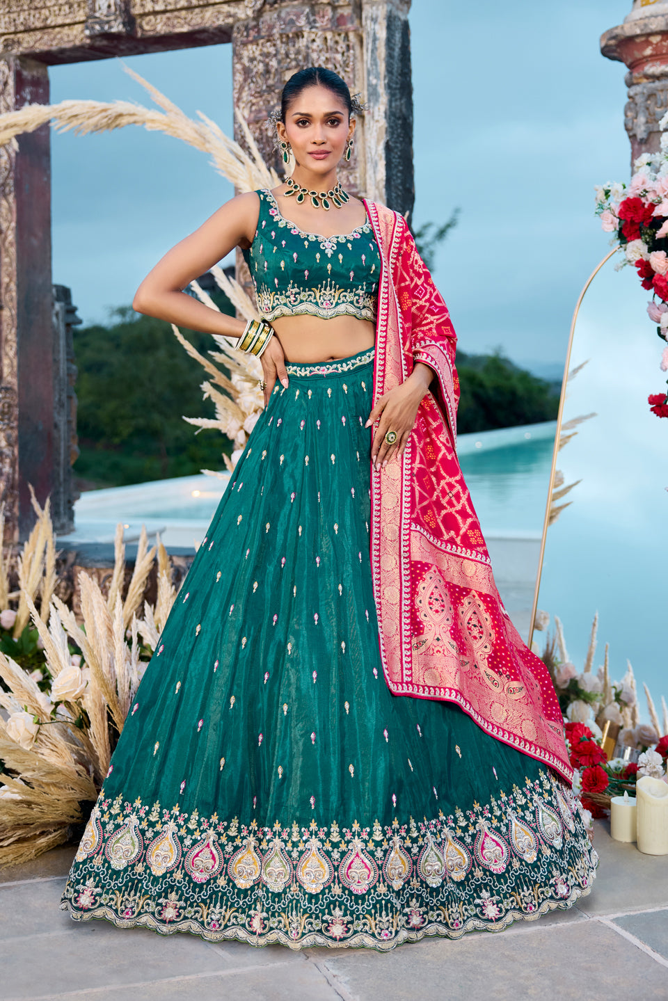 Meher Hara Green Silk Lehenga Set