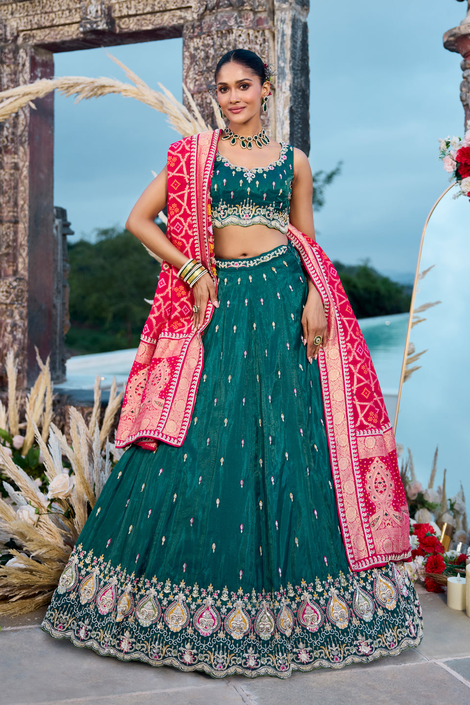 Meher Hara Green Silk Lehenga Set