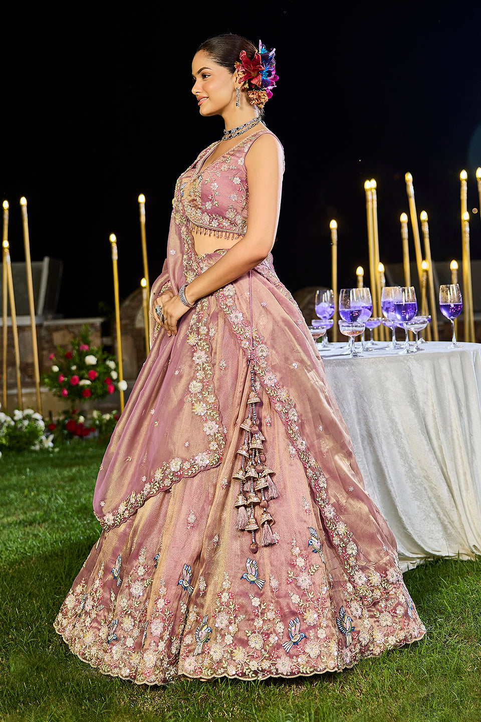 Sunehri Phool Light Peach Organza Lehenga Set