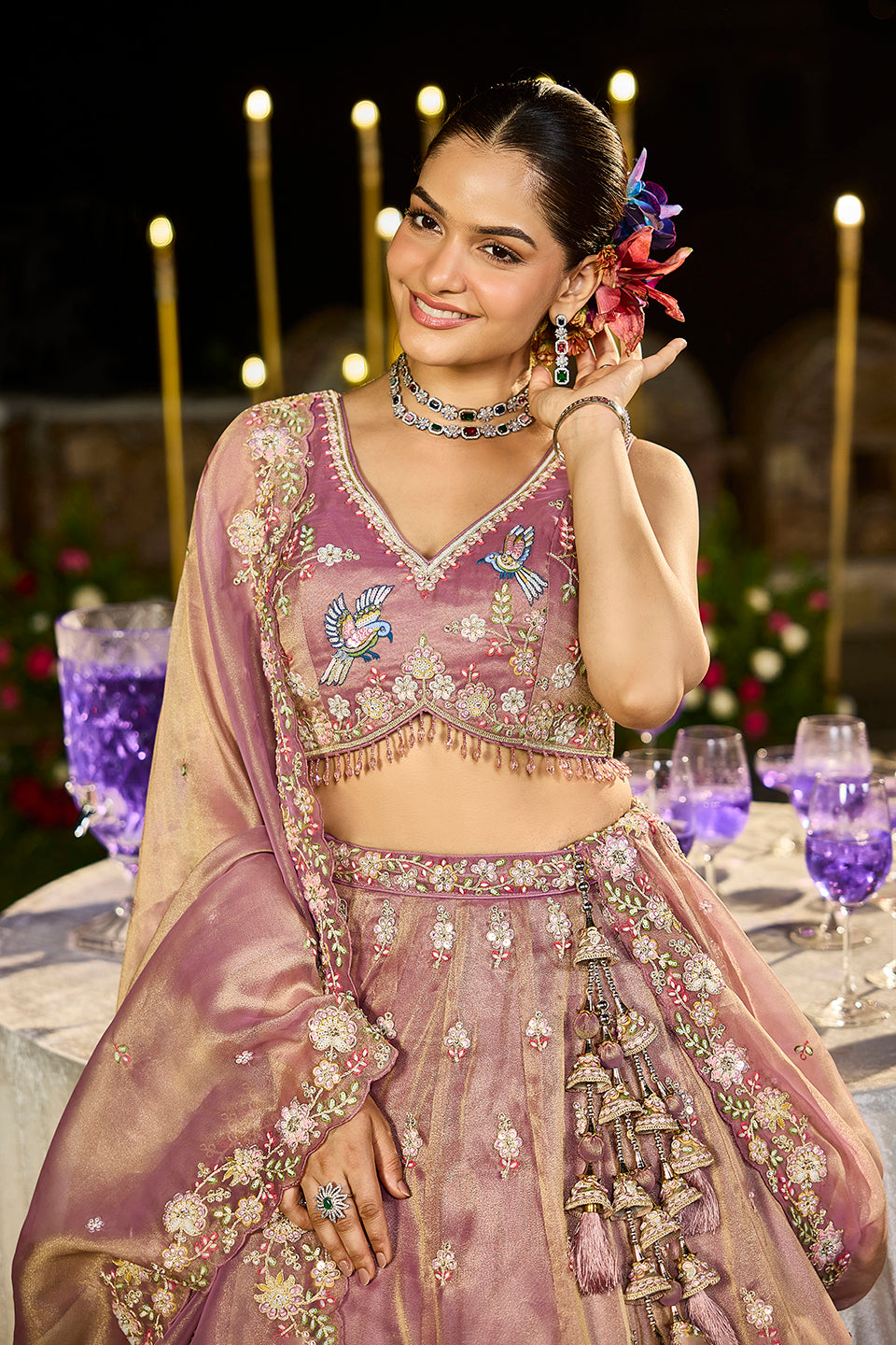 Sunehri Phool Light Peach Organza Lehenga Set