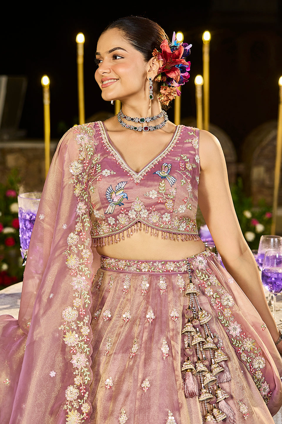 Sunehri Phool Light Peach Organza Lehenga Set