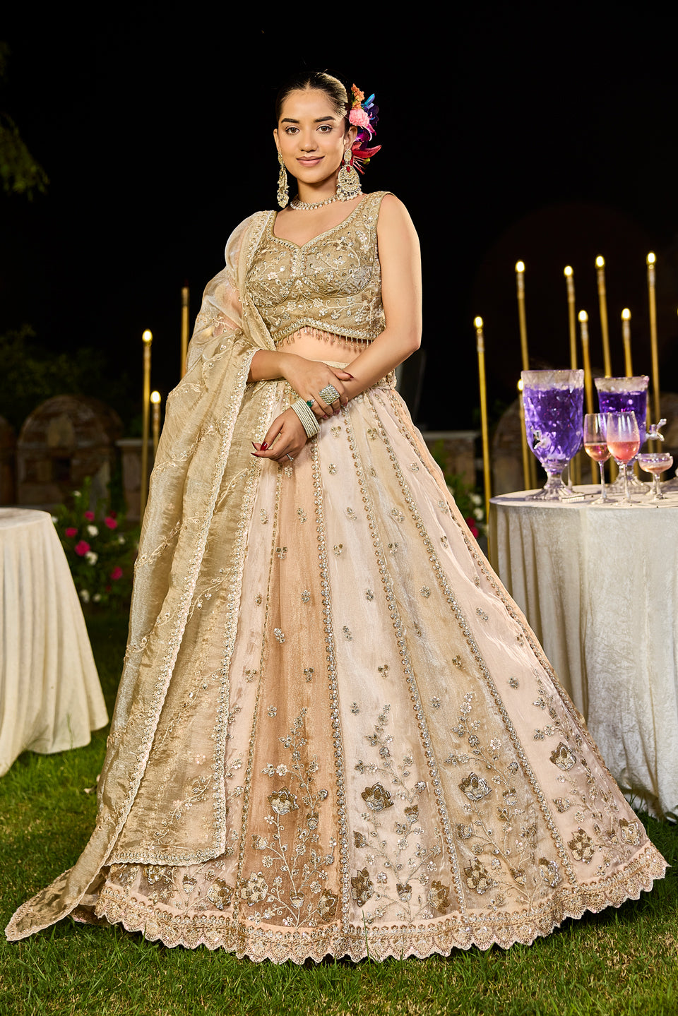 Aabroo Beige Organza Lehenga Set