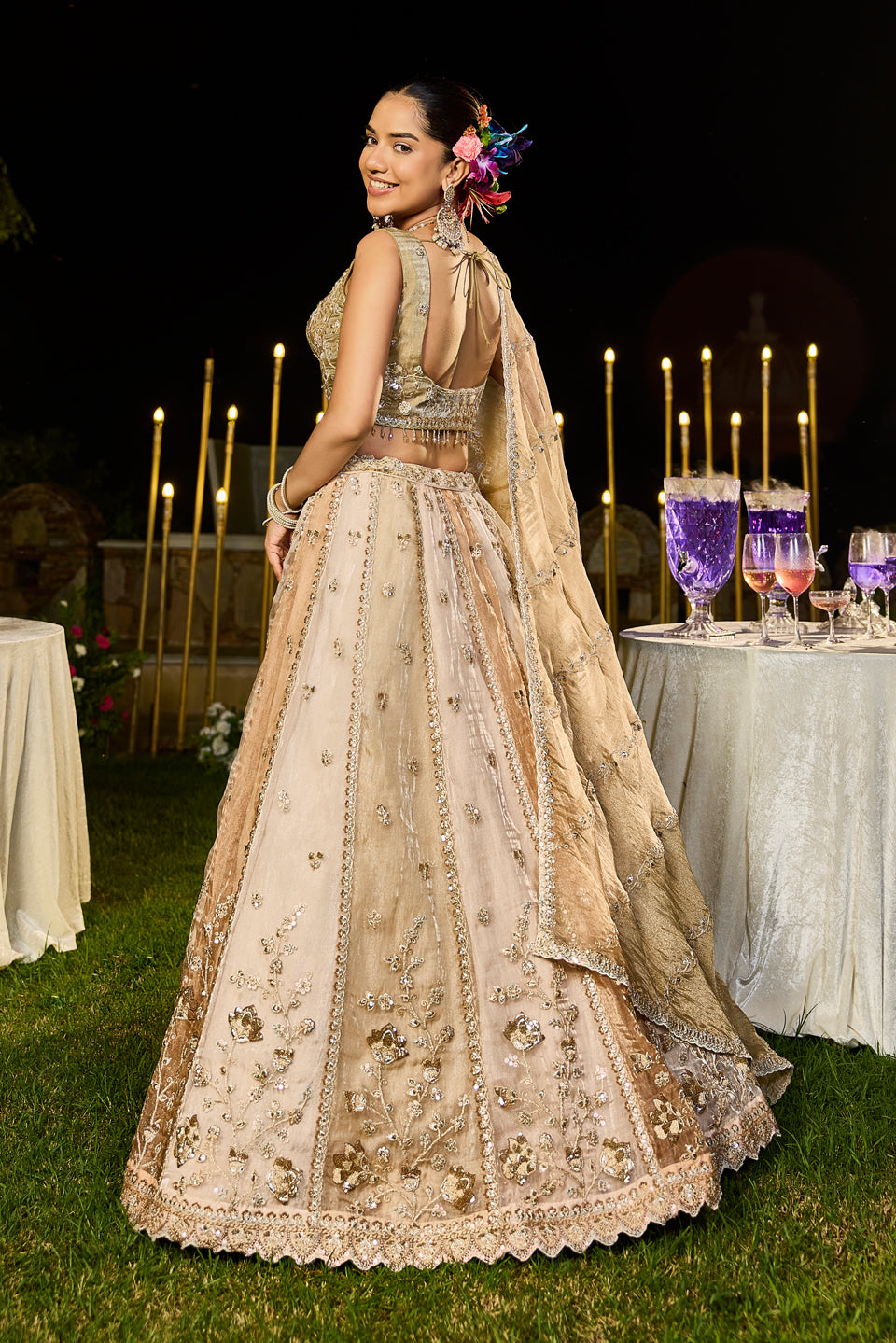 Aabroo Beige Organza Lehenga Set
