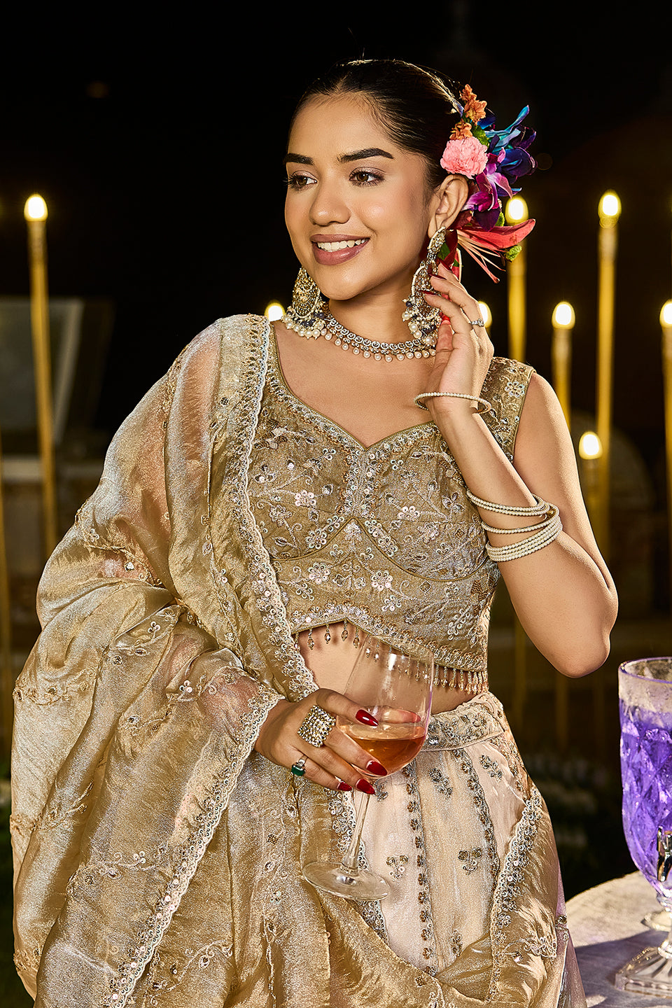 Aabroo Beige Organza Lehenga Set