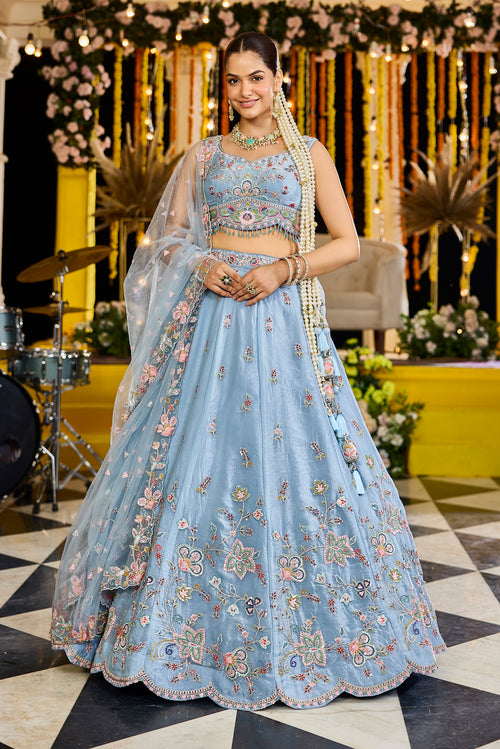 Aafreen Sky Blue Organza Lehenga Set