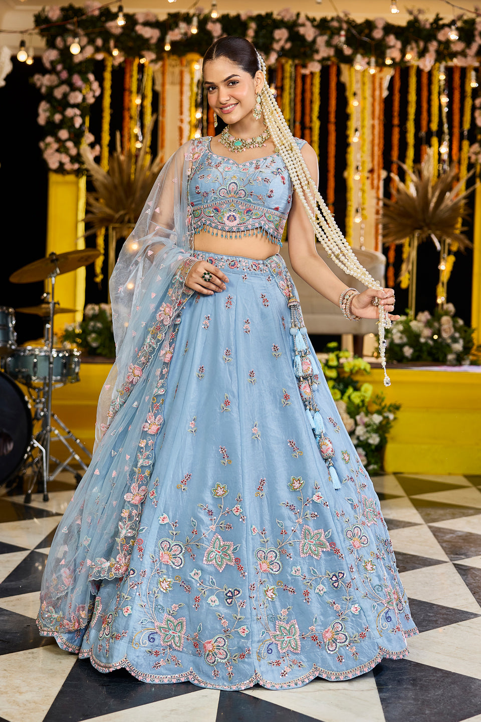 Aafreen Sky Blue Organza Lehenga Set