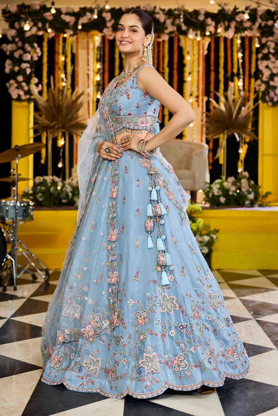 Aafreen Sky Blue Organza Lehenga Set
