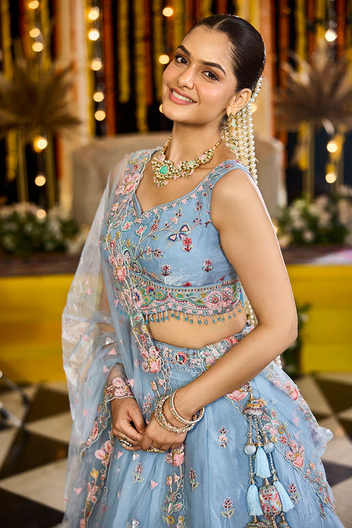 Aafreen Sky Blue Organza Lehenga Set