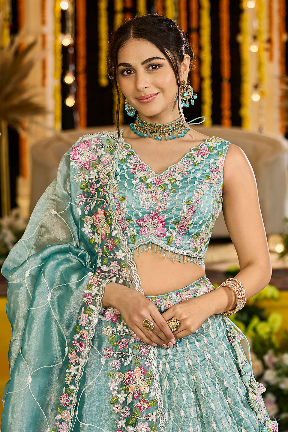 Noor-e-Aasmaan Sky Blue Organza Lehenga Set