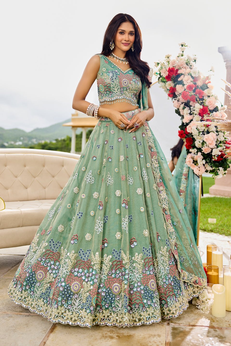 Pistaa Noor Light Pista Organza Lehenga Set