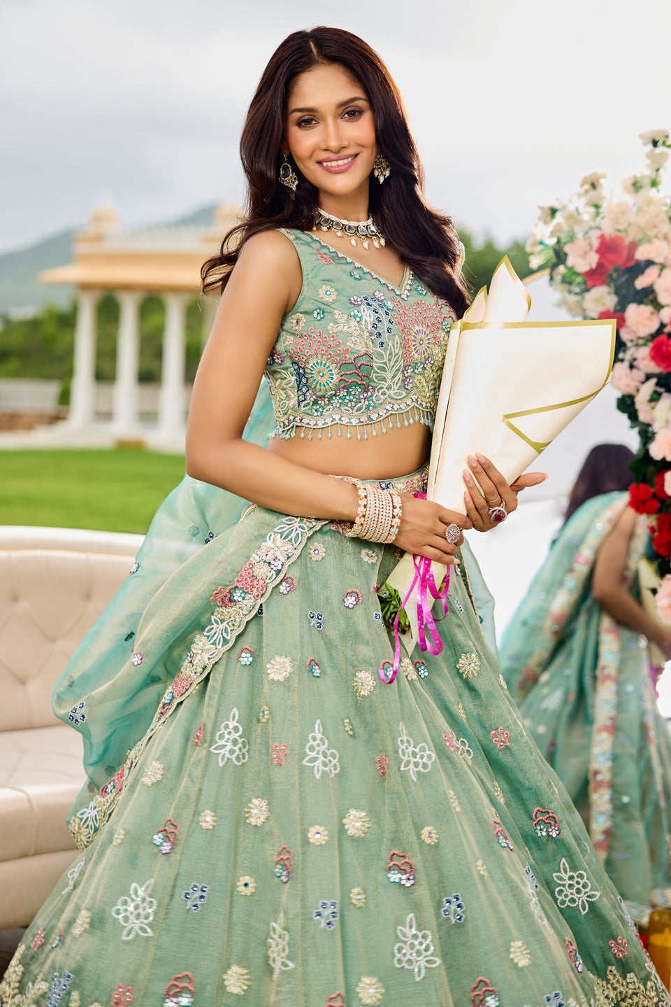 Pistaa Noor Light Pista Organza Lehenga Set
