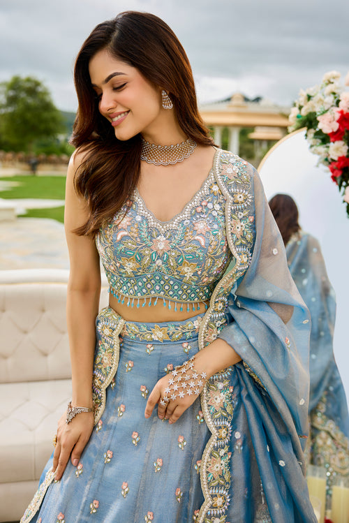 Aafreen Sky Blue Organza Lehenga Set