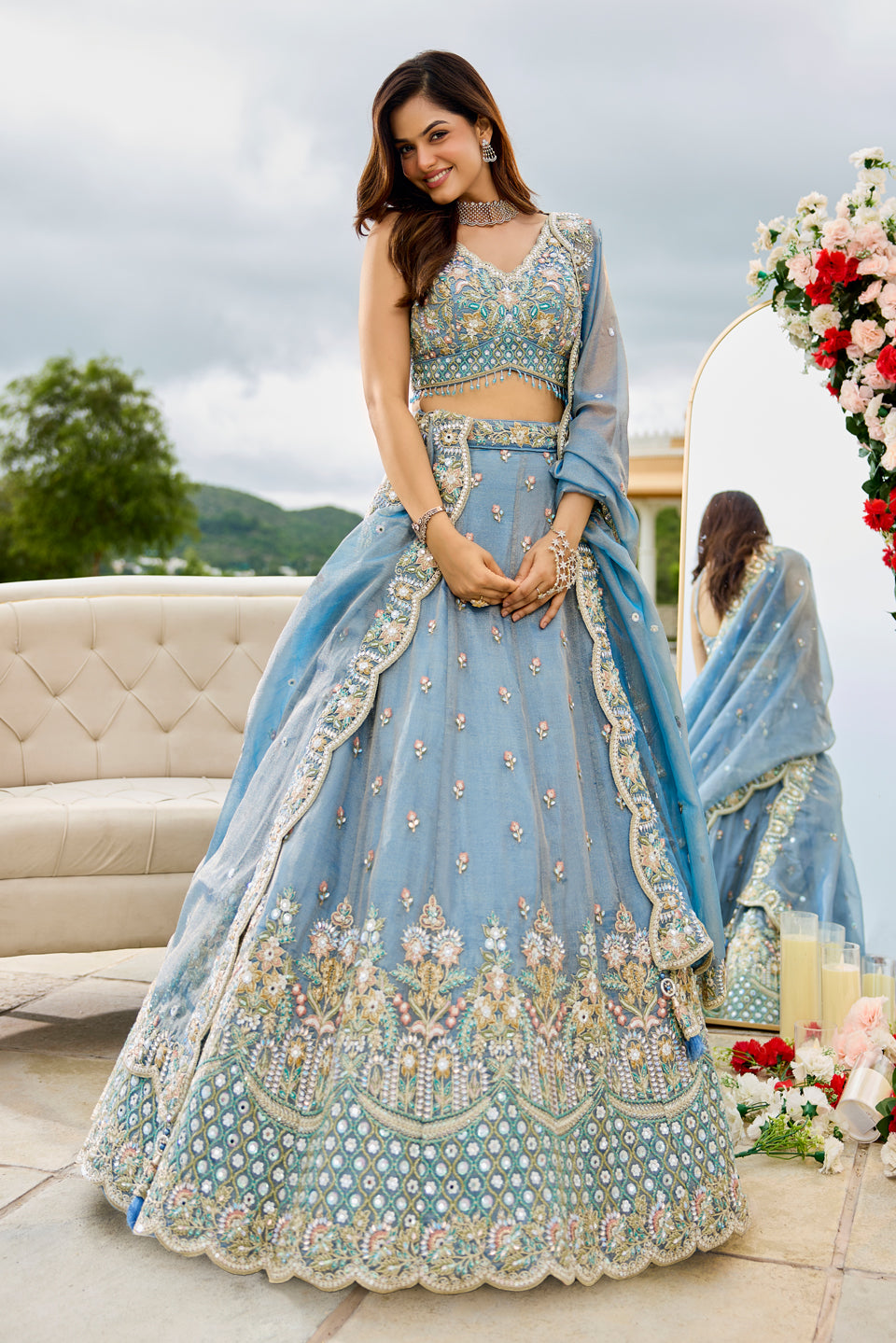 Aafreen Sky Blue Organza Lehenga Set