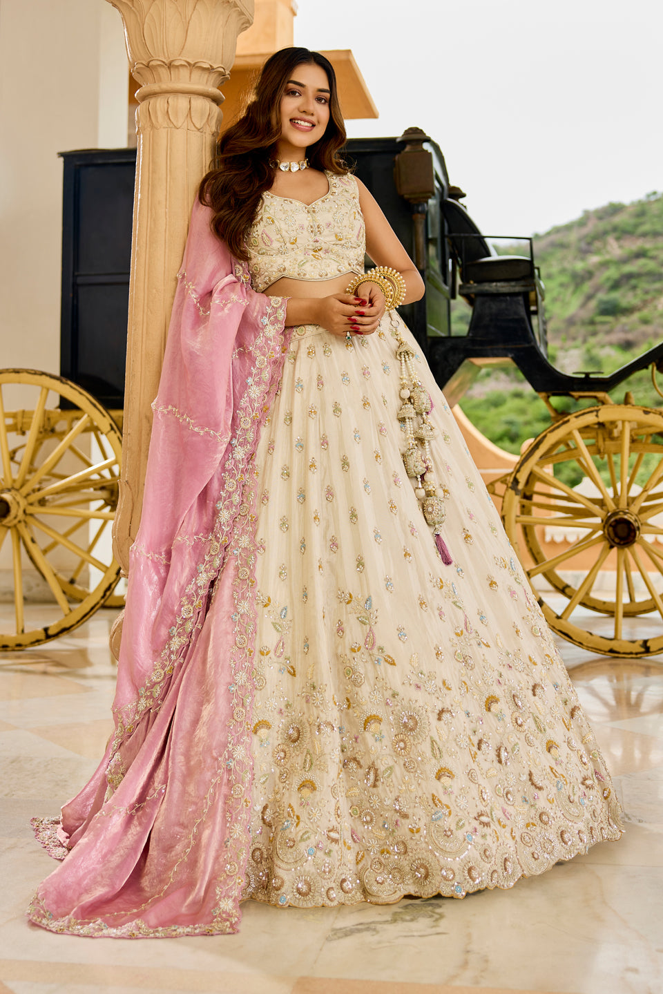 Meherbaan Cream Organza Lehenga Set
