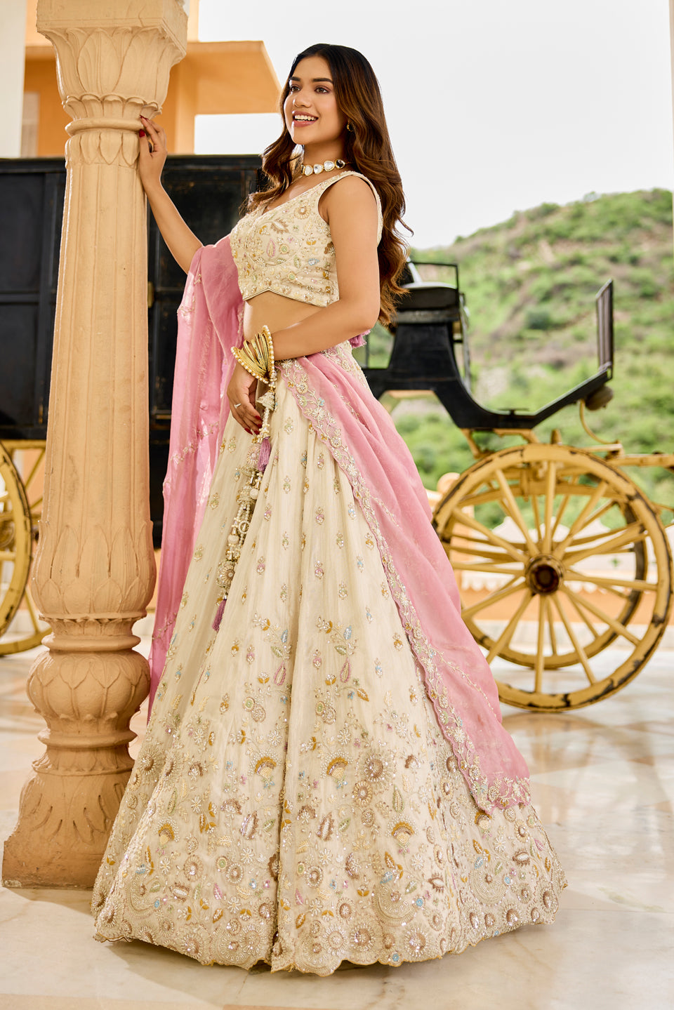 Meherbaan Cream Organza Lehenga Set
