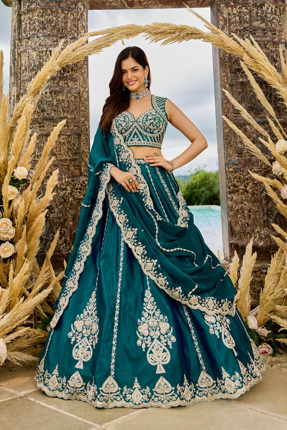 Neelkamal Dark Green Shimmer Lehenga Set