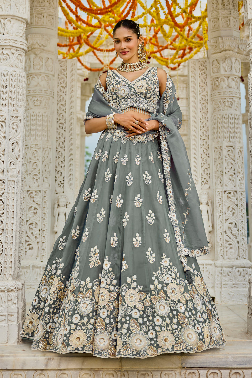 Chaandvi Grey Organza Lehenga Set
