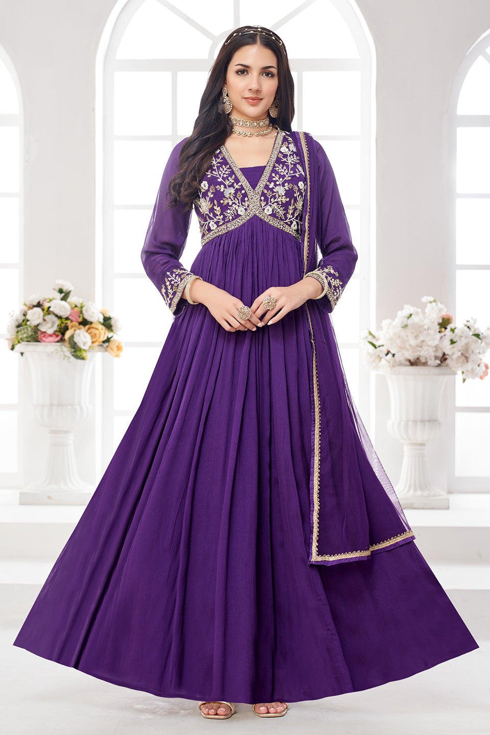 Jamuni Raaz Dark Purple Chinon Anarkali Set
