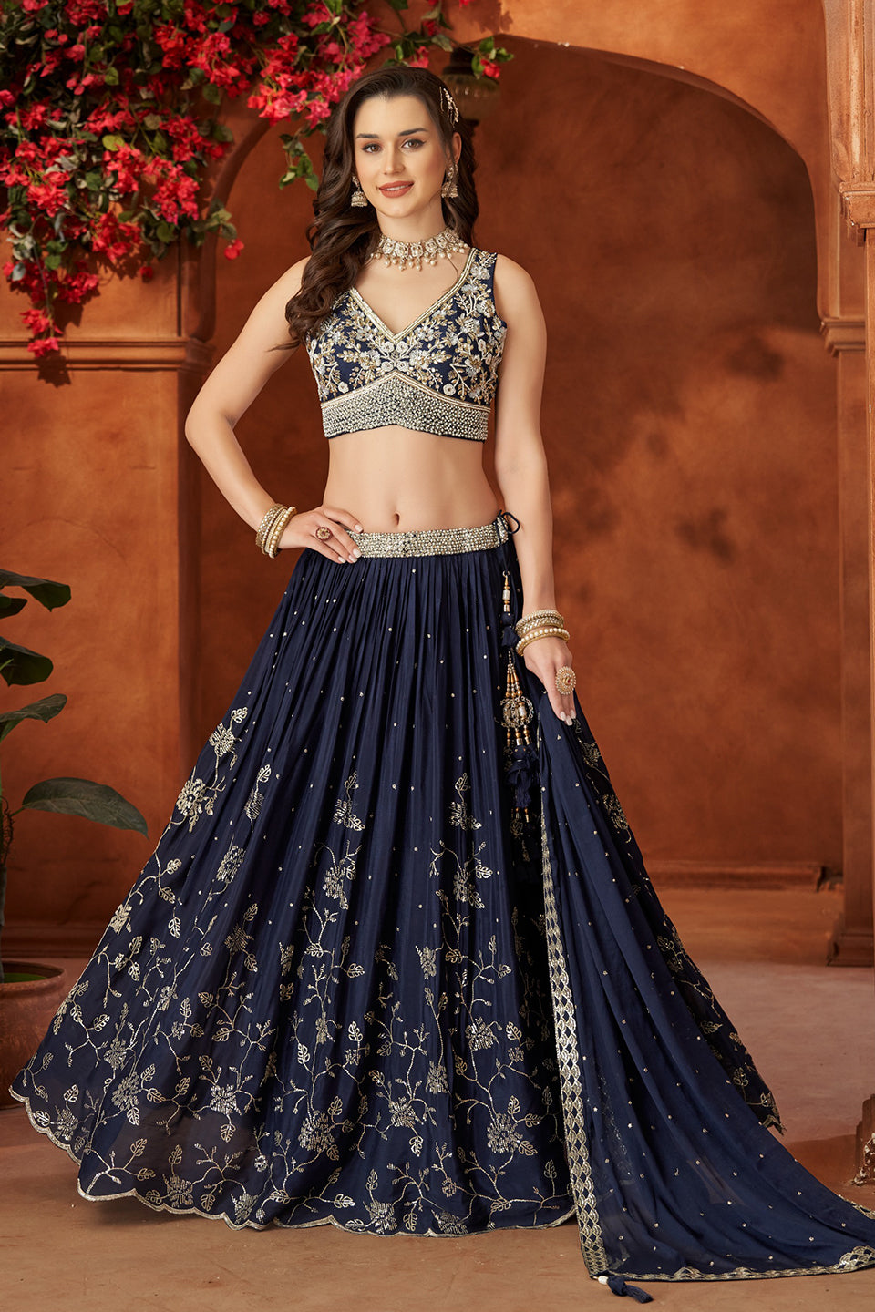 Neel Sitara Dark Blue Shimmer Lehenga Set