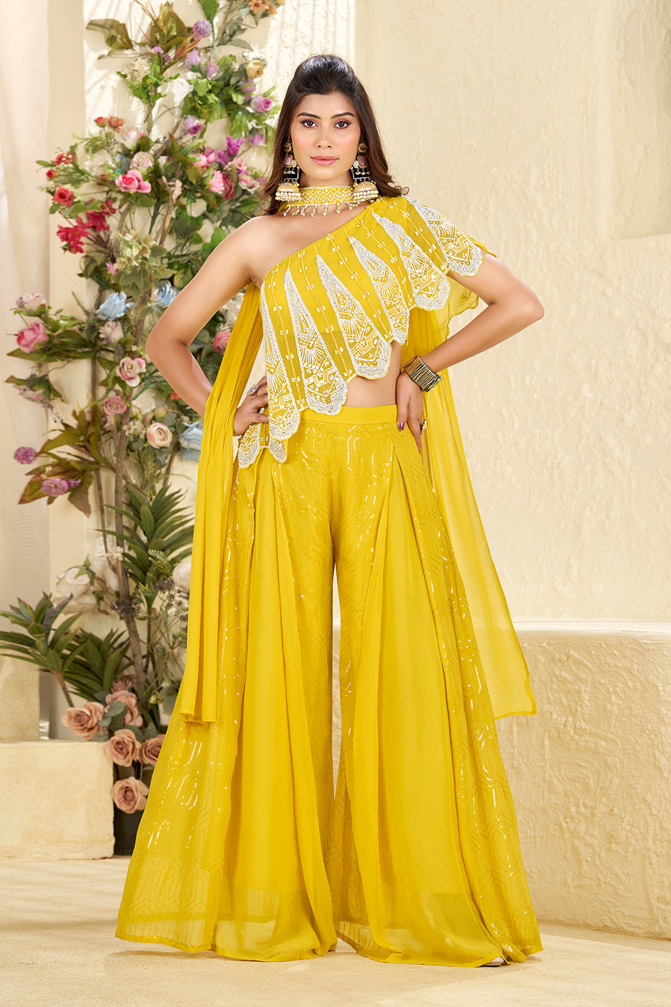 Sunehri Jashn Yellow Chiffon Georgette Indowestern Set
