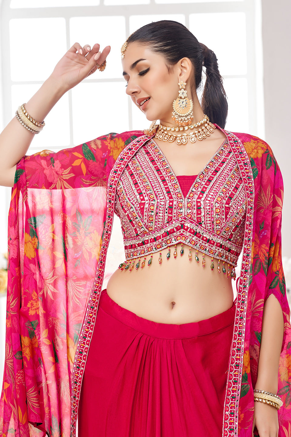 Gulabi Phool Dark Pink Chiffon Georgette Skirt Set