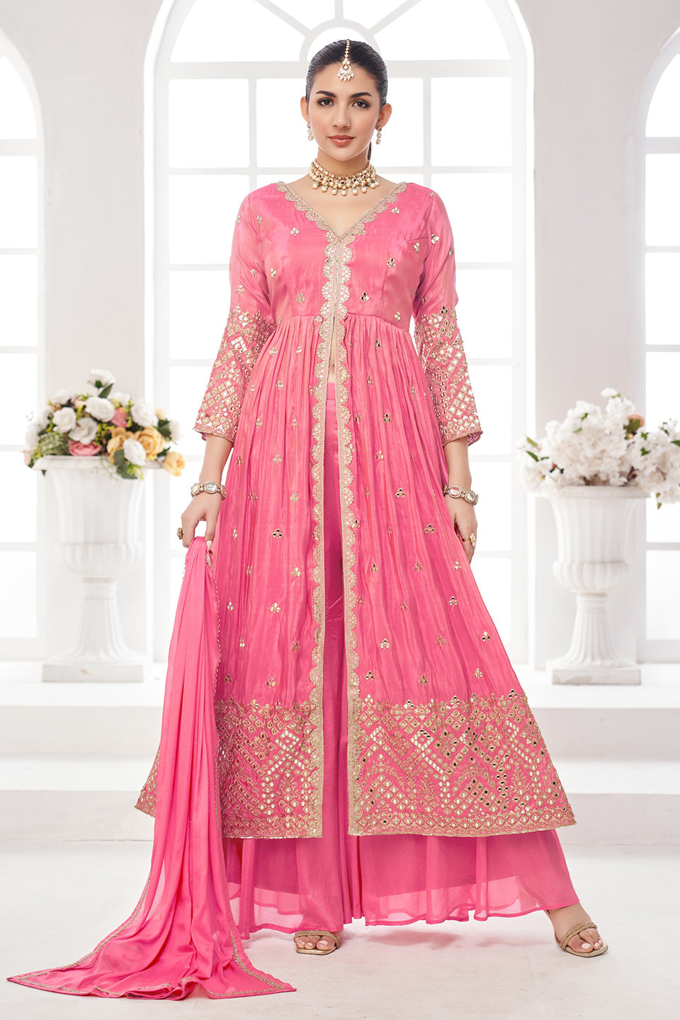 Gulabi Adaa Pink Chinon Front-Cut Gown Set