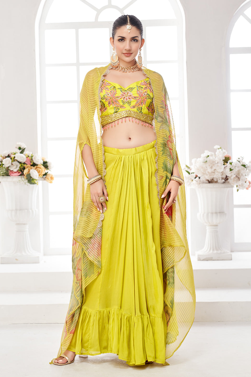 Sunehri Noor Yellow Chinon Indowestern Set
