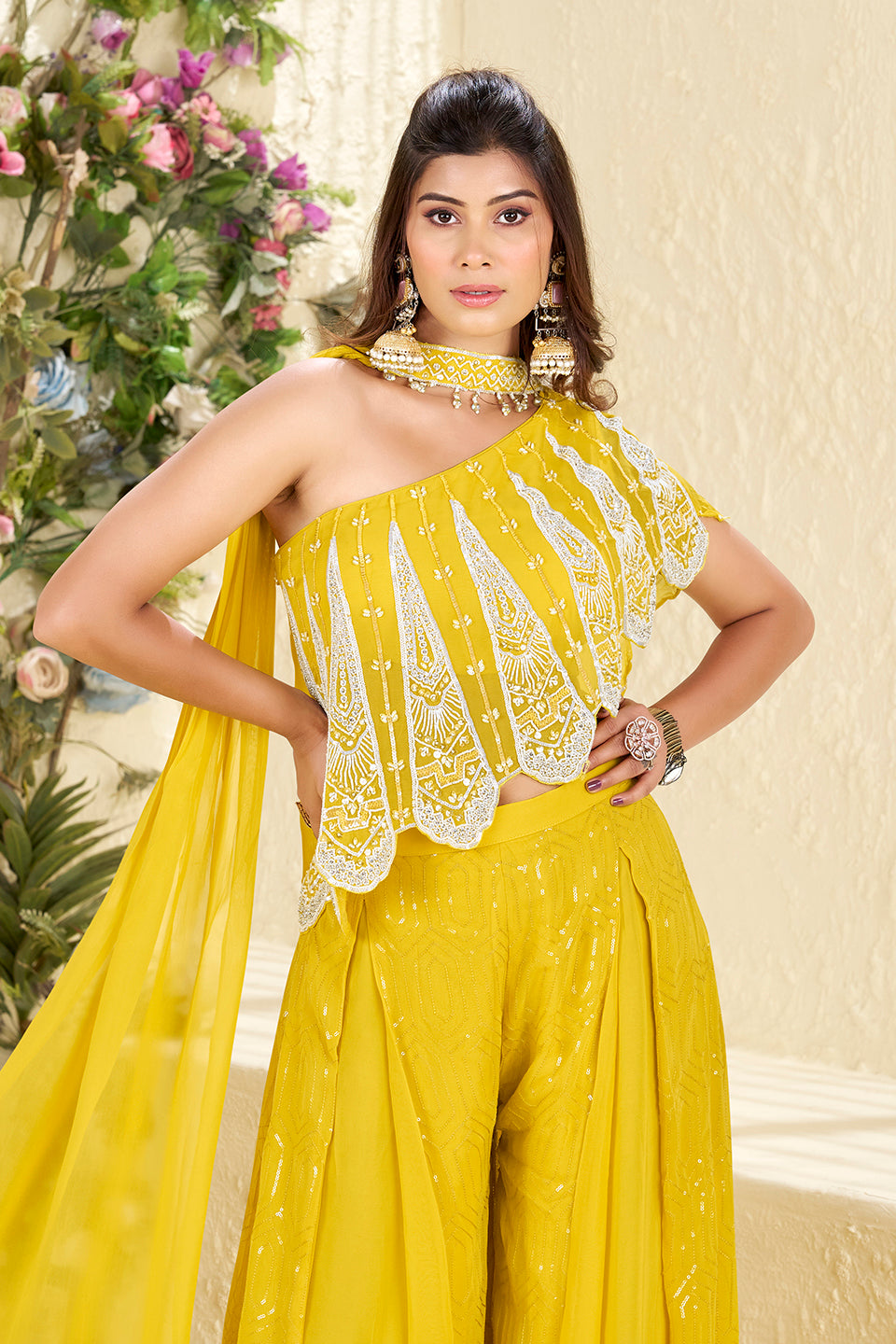 Sunehri Jashn Yellow Chiffon Georgette Indowestern Set