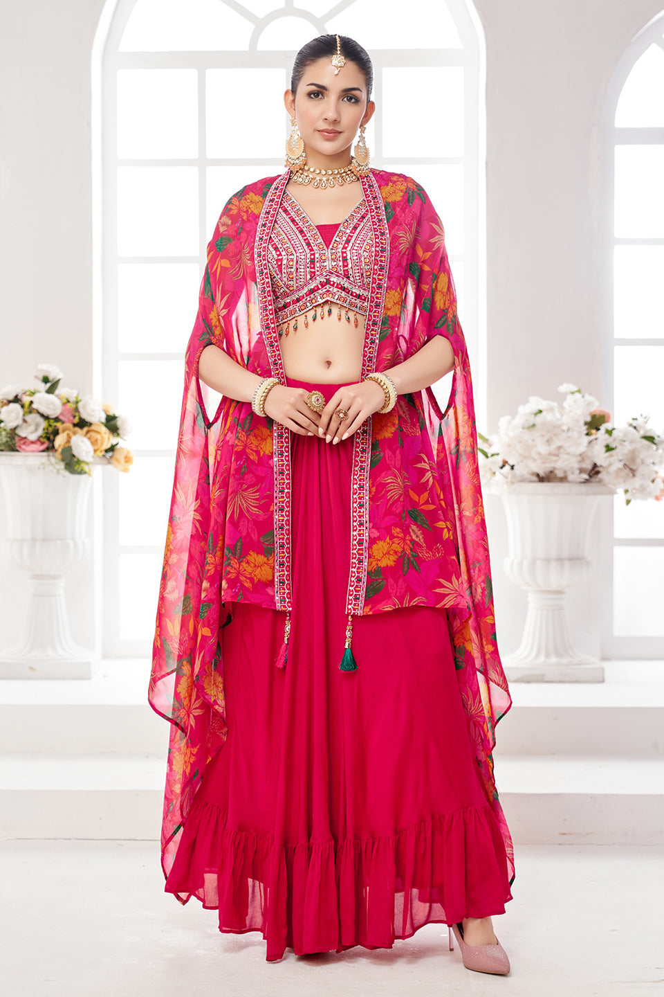 Gulabi Phool Dark Pink Chiffon Georgette Skirt Set
