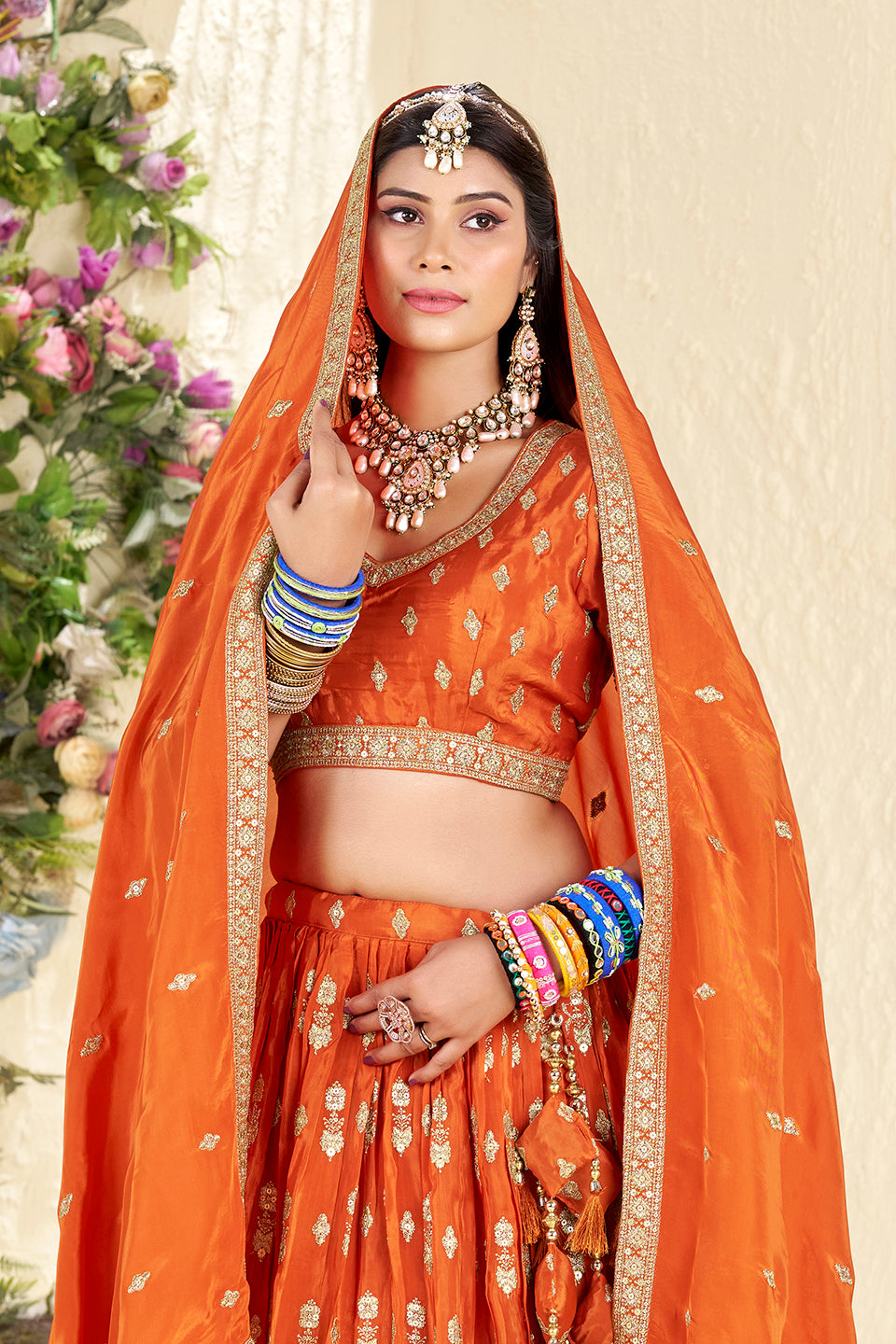 Kesar Gul Orange Shimmer Lehenga Set