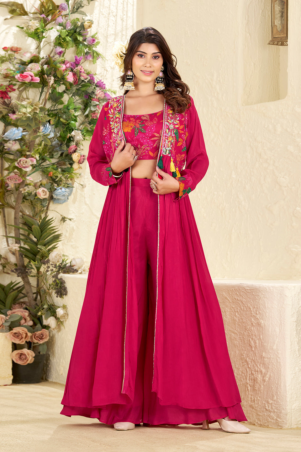Gulabi Chaand Dark Pink Chiffon Georgette Skirt Set