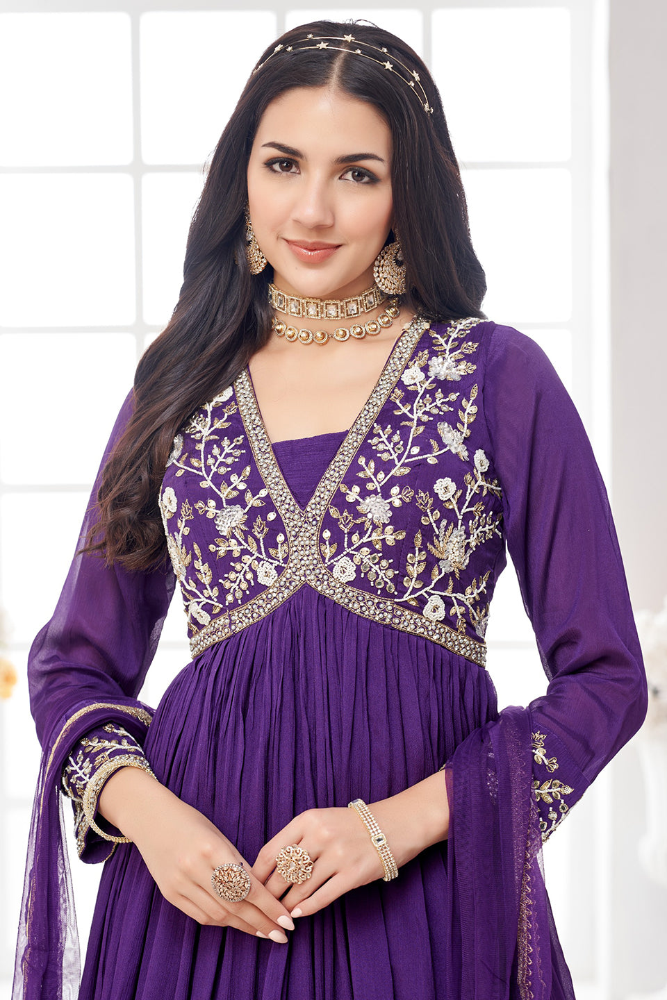 Jamuni Raaz Dark Purple Chinon Anarkali Set