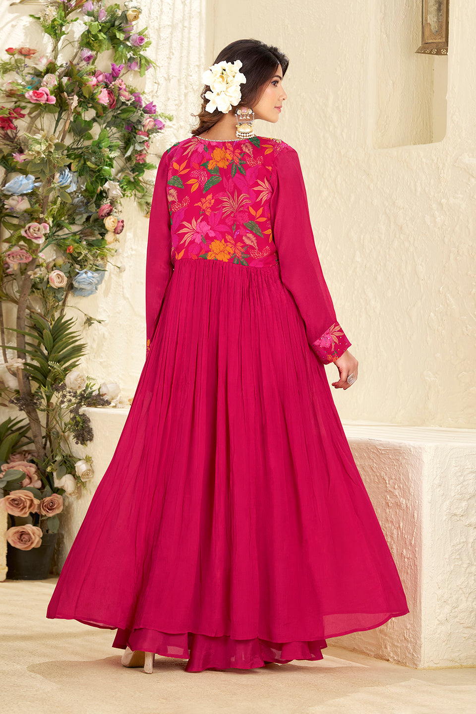Gulabi Chaand Dark Pink Chiffon Georgette Skirt Set
