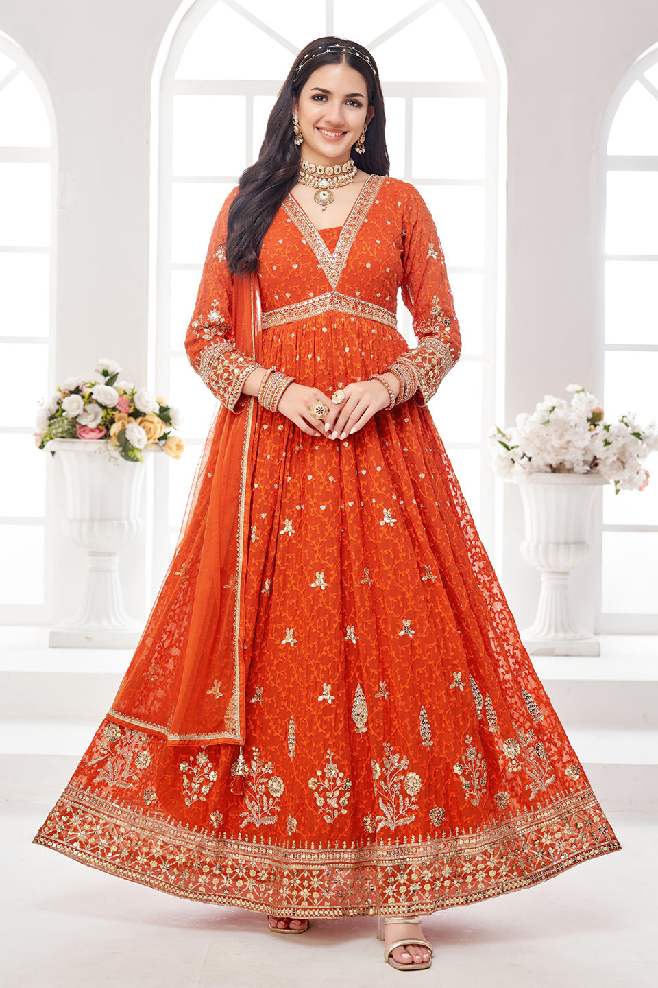 Kesar Raas Orange Chiffon Georgette Anarkali Set