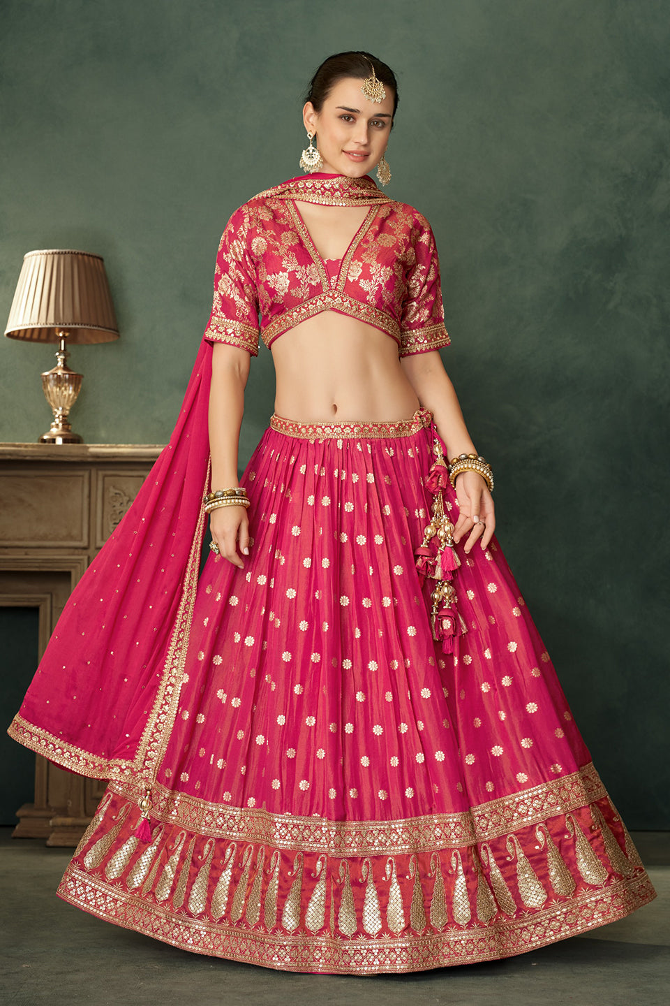 Gulabi Zari Dark Pink Silk Lehenga Set