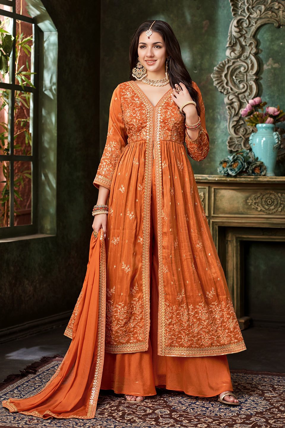Kesar Meher Orange Shimmer Gown Set