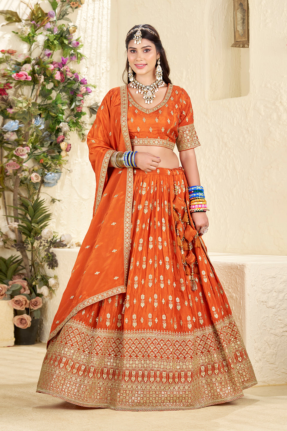 Kesar Gul Orange Shimmer Lehenga Set