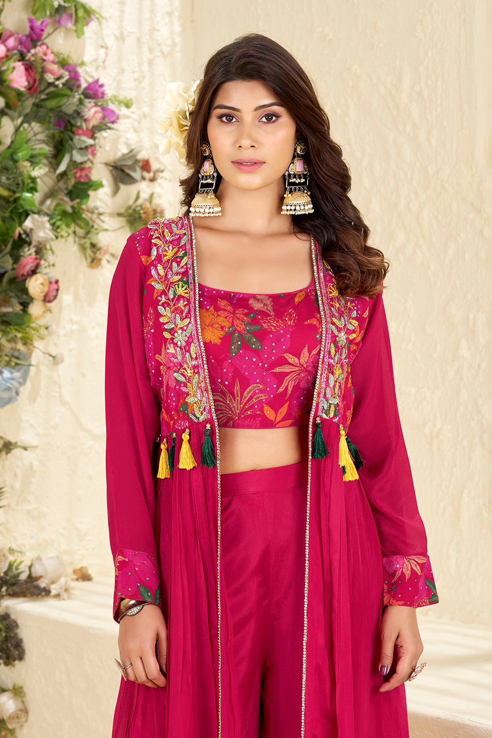Gulabi Chaand Dark Pink Chiffon Georgette Skirt Set