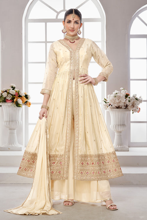 Aabroo Off-White Chinon Front-Cut Gown Set