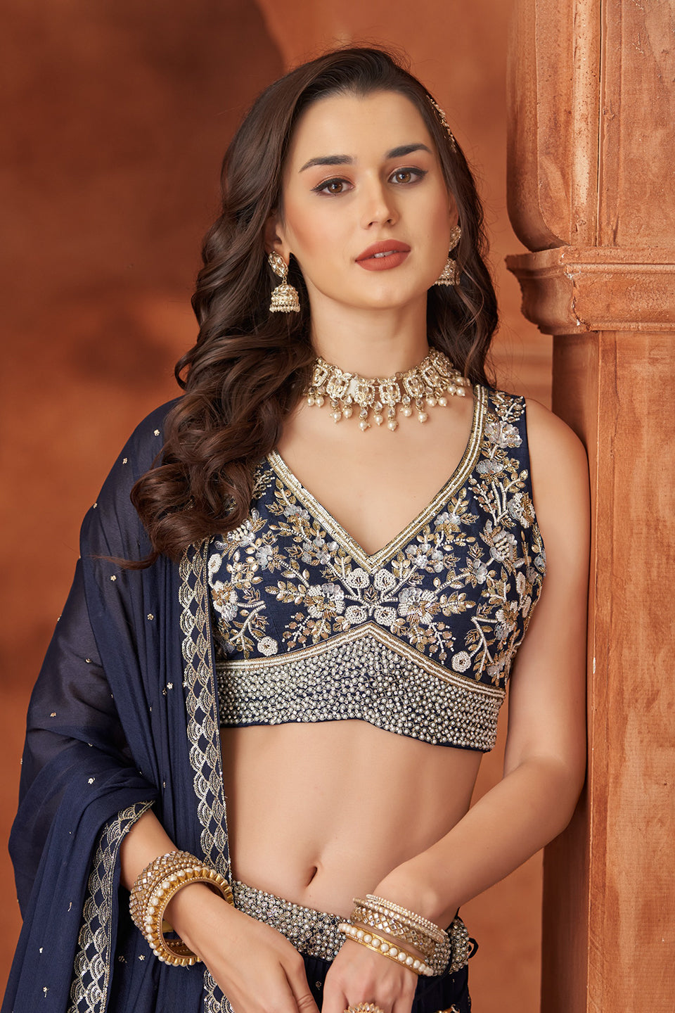 Neel Sitara Dark Blue Shimmer Lehenga Set
